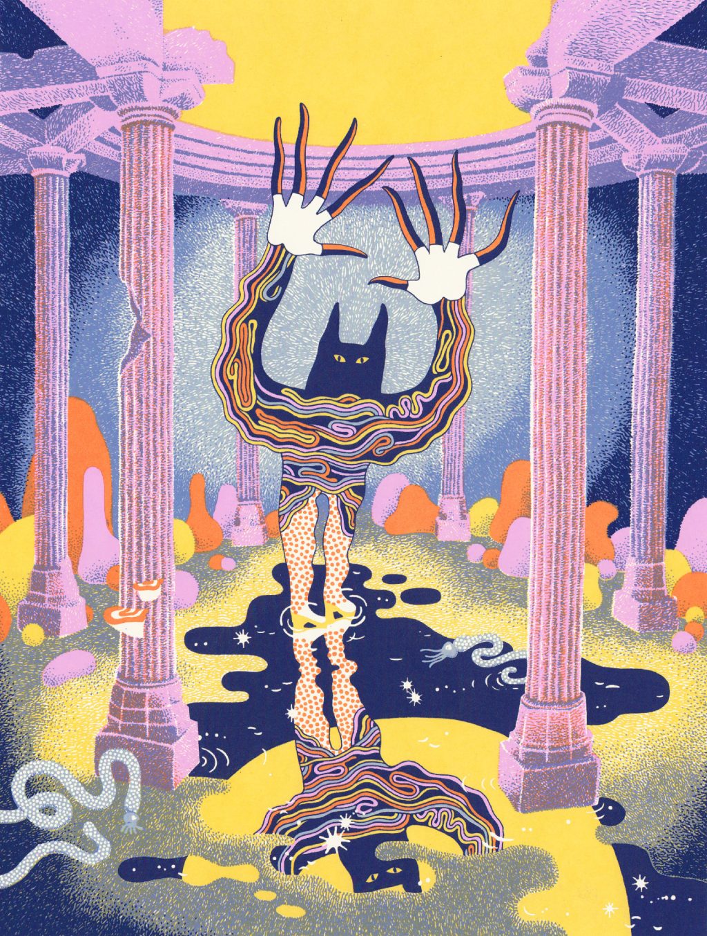 Reflecting Pool by Daria Tessler, a colorful screenprint depicting a surreal figure with raised hands standing among classical columns and dreamlike forms.