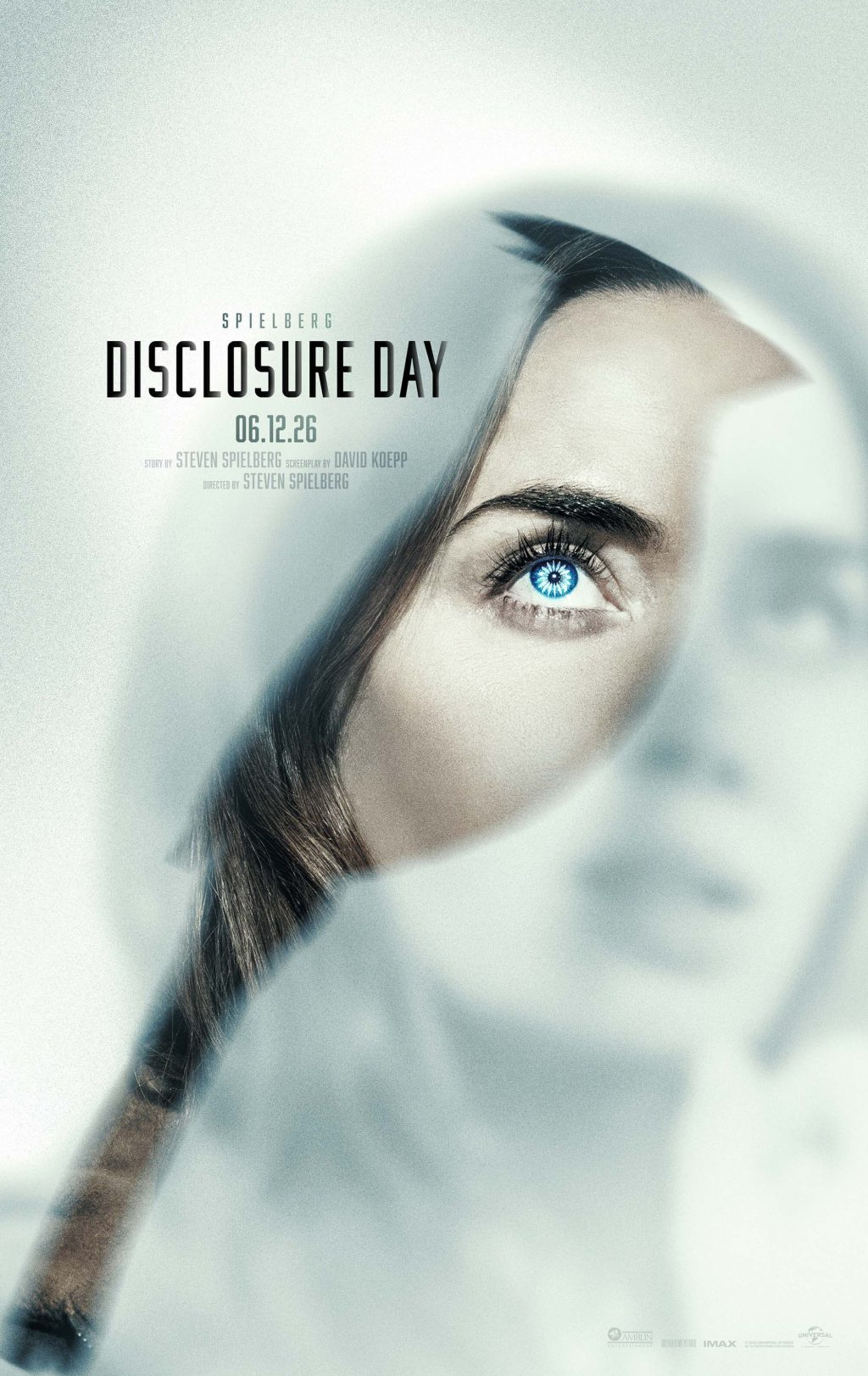 Disclosure Day movie poster featuring a woman's face partially obscured by fractured glass, highlighting the film's themes of alien contact, hidden truths, and government secrecy.