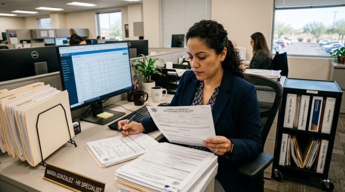 Human_resources_reviewing_records_202606191459 Human resources specialist reviewing county background check documents and applicant records during an employment screening process in a professional office.