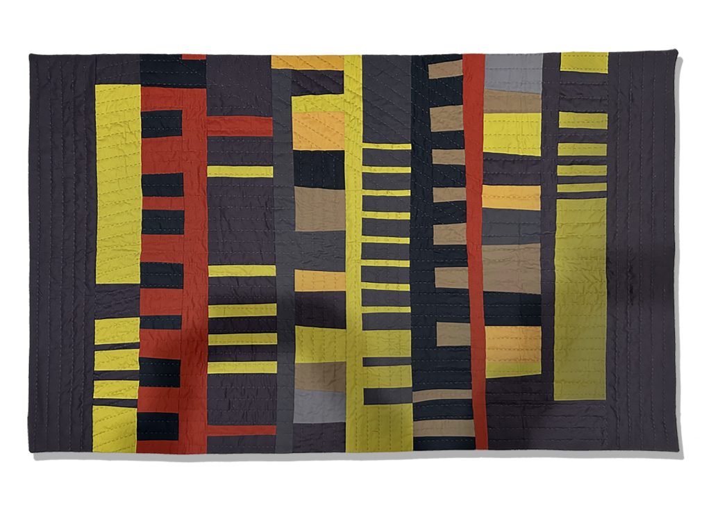 Life Ladders by Lori Shocket, a mixed media textile artwork featuring geometric blocks of yellow, red, gray and black arranged in a bold abstract composition.