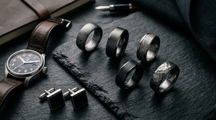 Men's_wedding_bands_flat_lay_202606011512 Statement men's wedding bands featuring Damascus steel, carbon fiber, meteorite, and hammered metal designs displayed with a luxury watch and cufflinks.