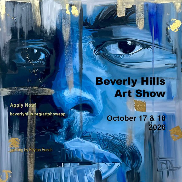 Noho_Oct2026 Promotional artwork for the Beverly Hills Art Show featuring a striking blue-toned portrait by artist Peyton Euriah. The image advertises the October 17-18, 2026 event and invites artists to apply, with expressive brushwork, metallic gold accents and layered abstract textures surrounding the face.