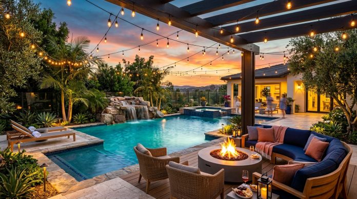 Outdoor_living_area_pool_fire_202606021039 Modern backyard pool entertainment space with outdoor lounge seating, fire pit, string lights, and landscaped patio at sunset.