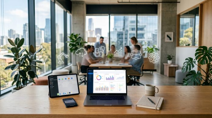 Modern office workspace with a laptop, tablet, smartphone, analytics dashboards, and productivity icons representing AI, automation, workflow optimization, and business growth.