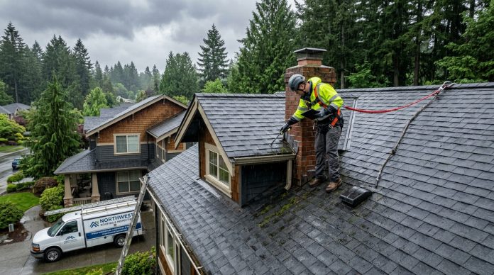 Roof inspector performing maintenance on a residential roof in Redmond during rainy weather to help prevent damage and extend roof life.