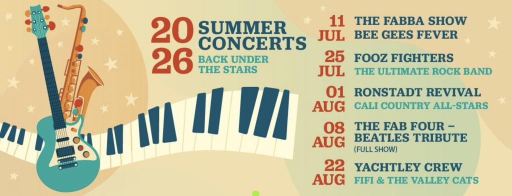 Starlight Bowl 2026 summer concert lineup featuring The FABBA Show, Fooz Fighters, Ronstadt Revival, The Fab Four, and Yächtley Crëw in Burbank