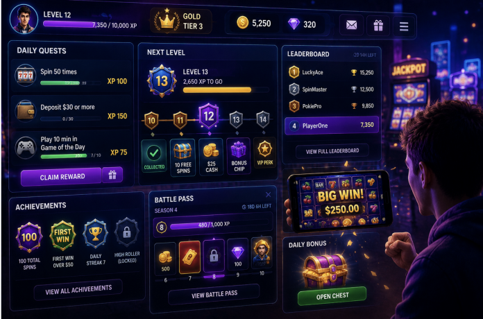 Gamified online casino interface featuring levels, daily quests, achievements, leaderboards, rewards, battle pass progression, and slot game bonuses inspired by video game mechanics.