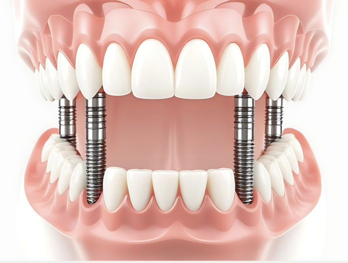 llustration of the All-on-4 dental implant system showing four strategically placed titanium implants supporting a full arch of replacement teeth.