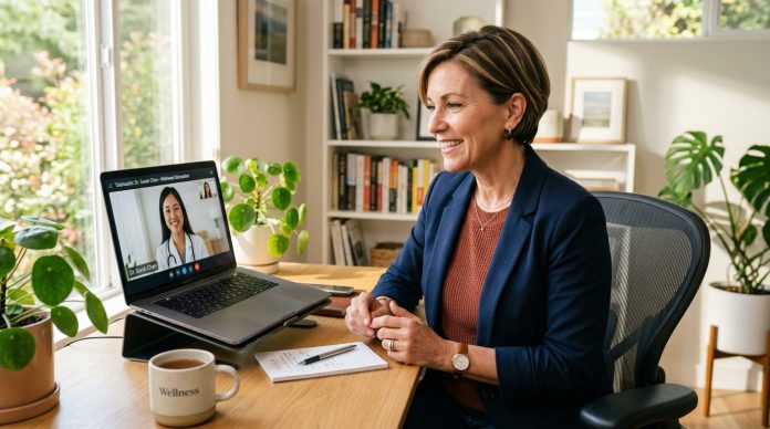 Woman_telehealth_consultation_on…_202606020850 Telehealth consultation for menopause care with a woman speaking to a doctor on a laptop from her home office.