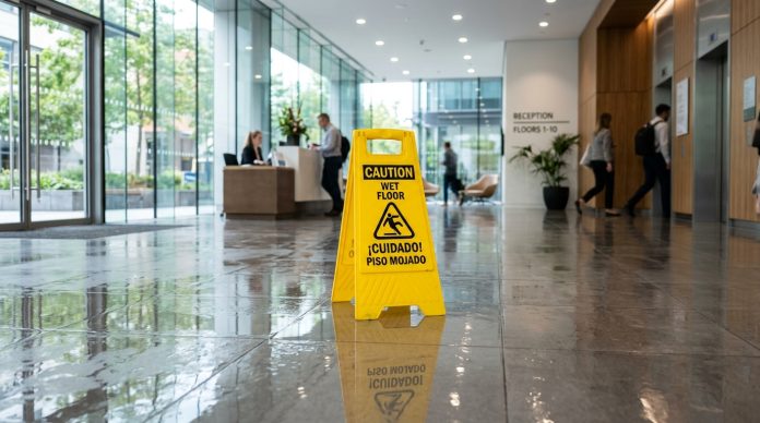 Yellow_wet_floor_sign_202606020940 Wet floor warning sign in a commercial office building lobby highlighting a potential slip-and-fall hazard.