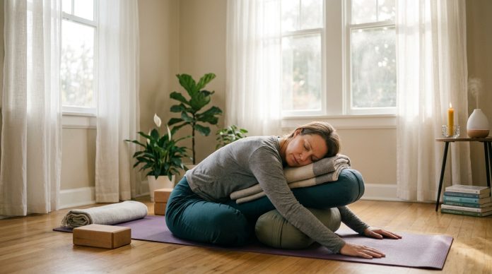 Woman practicing a supported yoga stretch to help relieve chronic back pain and improve mobility at home.