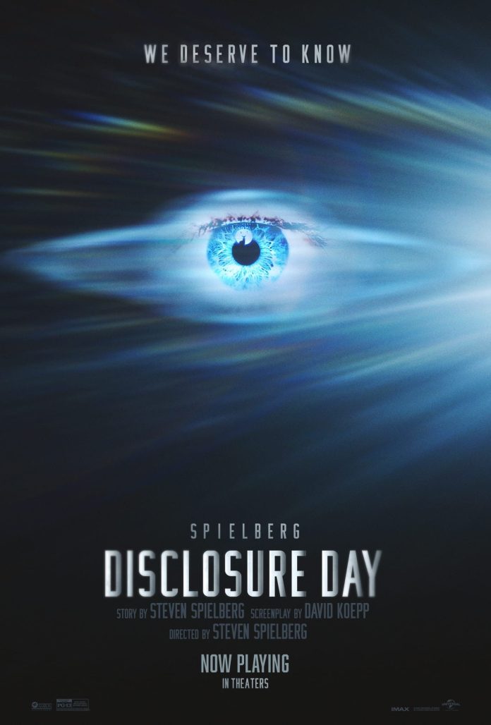 disclosure-day Disclosure Day movie poster showing a glowing blue eye surrounded by mysterious light, symbolizing extraterrestrial revelations and humanity's search for the truth.