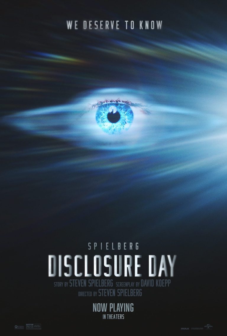 Disclosure Day movie poster showing a glowing blue eye surrounded by mysterious light, symbolizing extraterrestrial revelations and humanity's search for the truth.