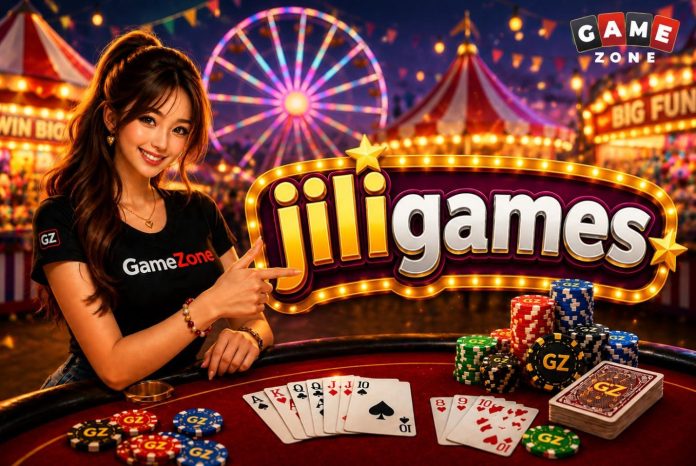 image Woman wearing a GameZone shirt sits at a casino-style gaming table with cards and poker chips, promoting JiliGames against a colorful carnival-themed background.