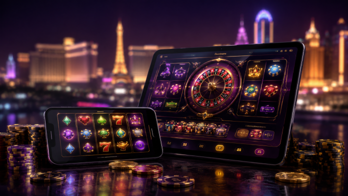 Online casino games displayed on a smartphone and tablet with slot machines, roulette, casino chips, and a city skyline in the background.