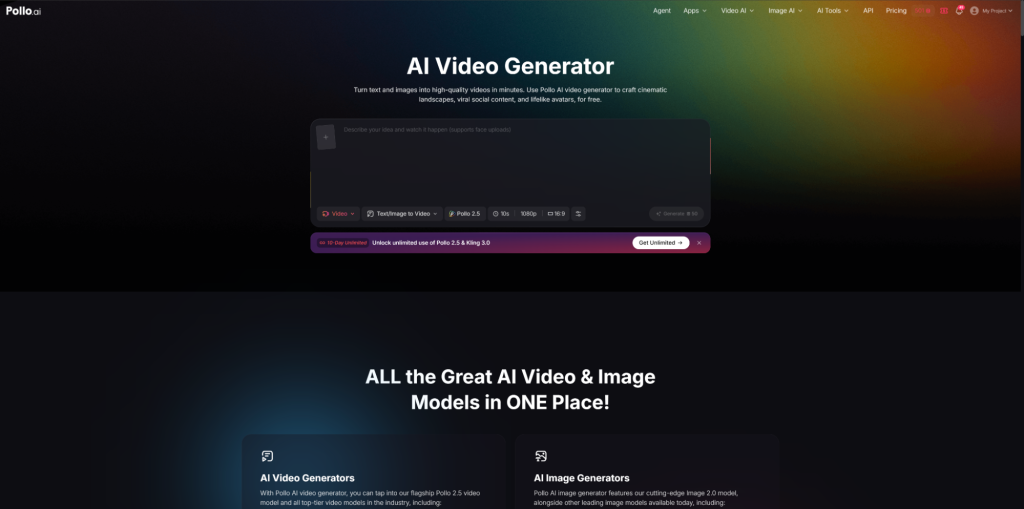 Pollo AI video generator dashboard featuring text-to-video creation tools, AI video models, and content generation interface.