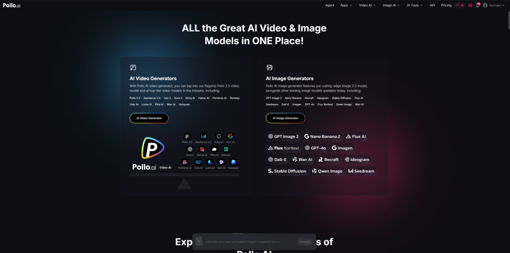 Pollo AI platform showcasing multiple AI video and image generation models in one content creation workspace.