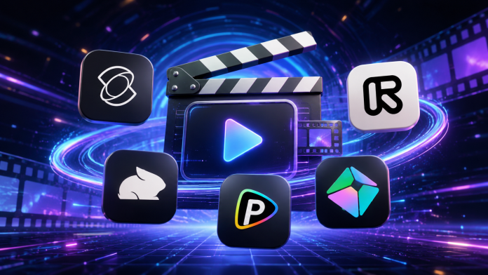 AI video generator comparison graphic featuring popular video creation platforms and digital filmmaking technology.