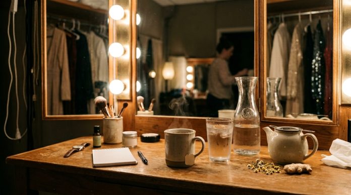 Backstage theatre dressing room with herbal tea, water, ginger, and a notebook as healthy energy alternatives to caffeine for performers.