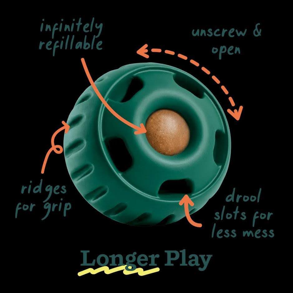 Interactive refillable dog treat toy with drool slots for longer playtime