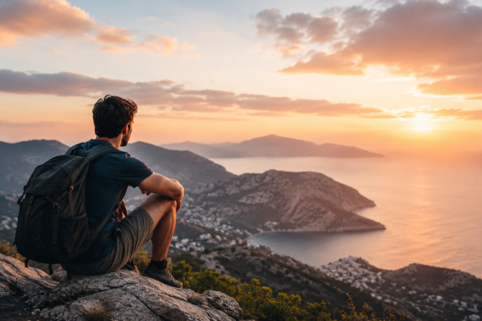 ChatGPT Image Jul 1, 2026, 05_26_53 PM Solo male traveler with a backpack overlooking a coastal landscape at sunset, representing the growing trend of solo travel for men.