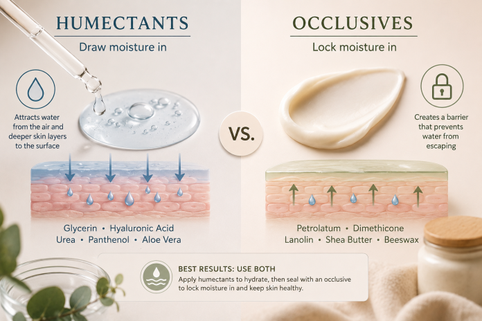 ChatGPT Image Jul 1, 2026, 05_30_30 PM Infographic comparing humectants and occlusives, showing how humectants attract moisture while occlusives lock hydration into the skin for dry skin care.