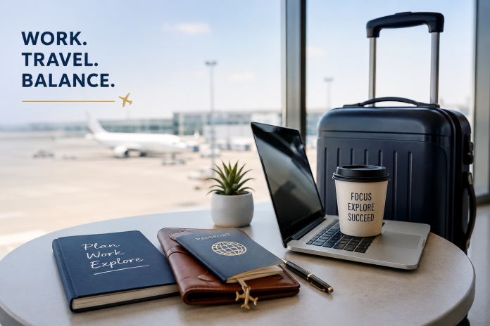 ChatGPT Image Jul 15, 2026, 07_58_59 AM Business traveler working at an airport with a carry-on suitcase, laptop, passport, and coffee, illustrating tips for easier work-life travelling.