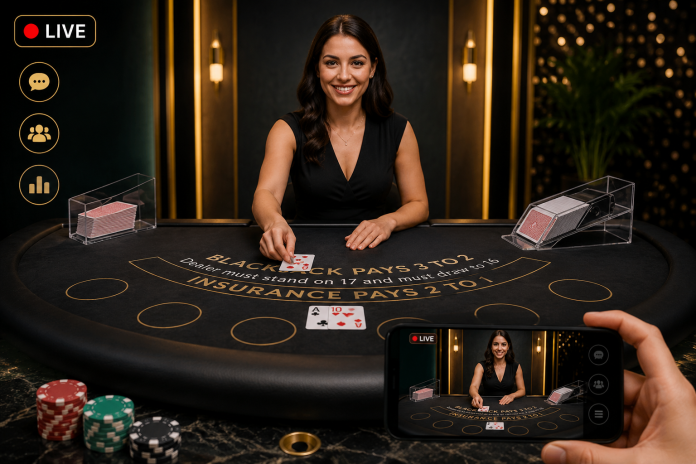 ChatGPT Image Jul 15, 2026, 09_26_06 AM Live dealer hosting an online blackjack game streamed to a mobile device, illustrating how live dealer casino games combine real-time play with online gambling.