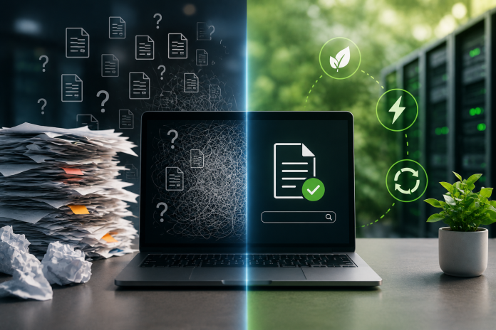 ChatGPT Image Jul 15, 2026, 10_04_25 AM Laptop displaying organized digital knowledge beside a cluttered stack of duplicate paperwork, illustrating how IT knowledge management reduces duplicate work, energy use, and resource waste.