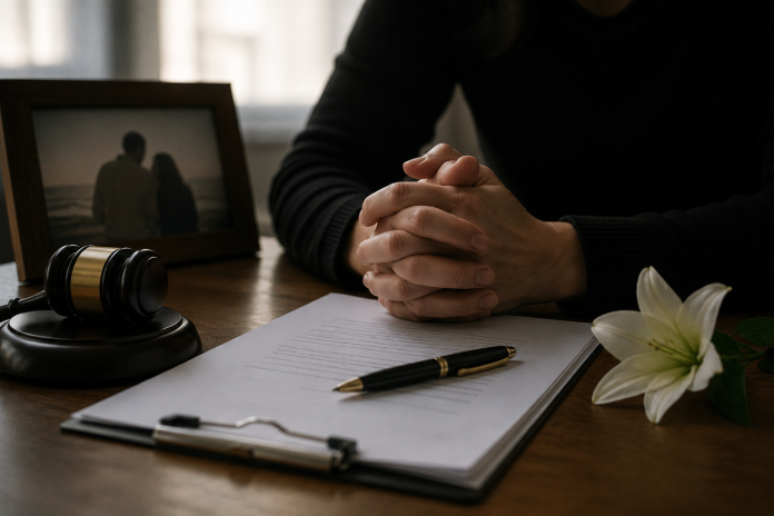 ChatGPT Image Jul 15, 2026, 10_14_17 AM Grieving family member reviewing legal documents with a gavel, memorial photo, and settlement paperwork after a wrongful death.