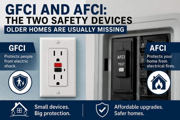 Infographic comparing GFCI outlets and AFCI circuit breakers, explaining how they protect older homes from electric shock and electrical fires.