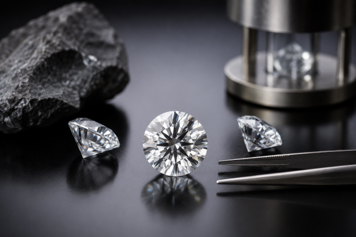 Lab-grown diamonds displayed beside precision tools and a rough carbon sample, illustrating the modern diamond creation process and advanced craftsmanship.