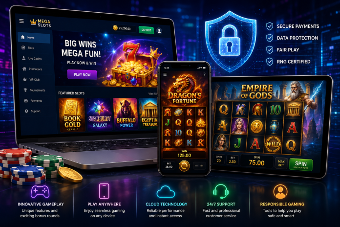 ChatGPT Image Jul 20, 2026, 03_14_35 PM Illustration of online slot platforms displayed across a laptop, smartphone, and tablet with colorful slot games, digital security icons, cloud technology, and mobile gaming features.