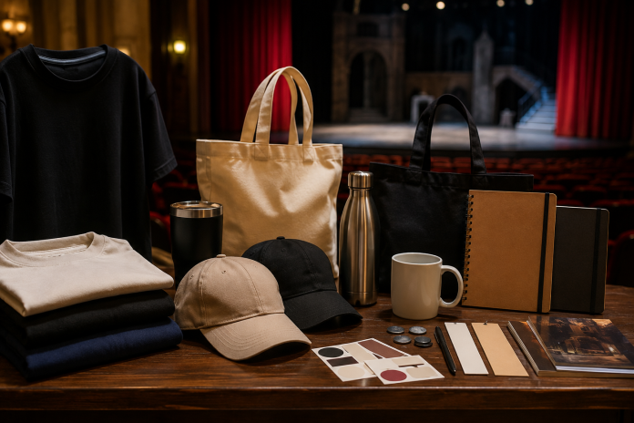ChatGPT Image Jul 20, 2026, 04_00_13 PM Display of practical theatre merchandise including T-shirts, hats, tote bags, mugs, water bottles, notebooks, and souvenir items arranged in a theatre lobby.