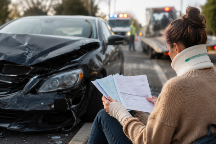ChatGPT Image Jul 20, 2026, 04_15_56 PM Injured driver reviewing insurance documents beside a damaged car after a crash, with an ambulance and tow truck in the background.