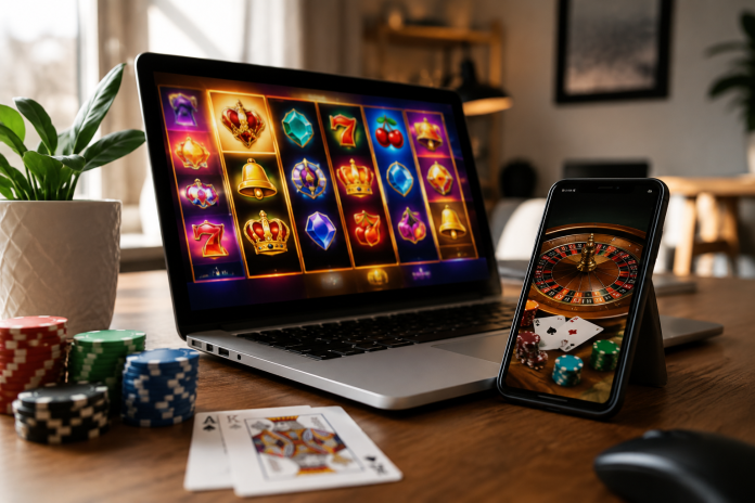 ChatGPT Image Jul 20, 2026, 04_39_37 PM Laptop and smartphone displaying online slot games beside poker chips and playing cards in a modern home office setting.