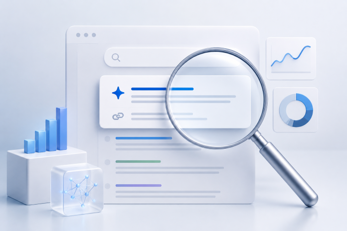 ChatGPT Image Jul 22, 2026, 04_51_21 PM AI Overview Tracker concept showing a search interface with a magnifying glass, analytics charts, and AI data visualization for monitoring search visibility and SEO performance.