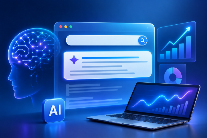 ChatGPT Image Jul 22, 2026, 04_57_21 PM AI SEO agency concept showing a magnifying glass over a search interface with analytics charts, performance graphs, and digital marketing data visualizations.