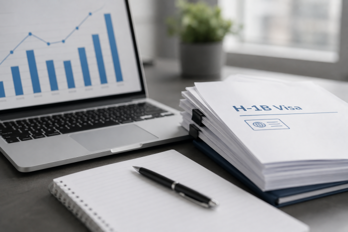 Laptop displaying H-1B visa lottery selection data beside H-1B visa documents, illustrating application trends, USCIS selection rates, and U.S. work visa planning.