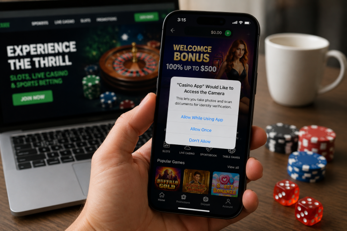 Person holding a smartphone displaying a casino app camera permission request for identity verification beside a laptop with an online casino website and gaming chips.