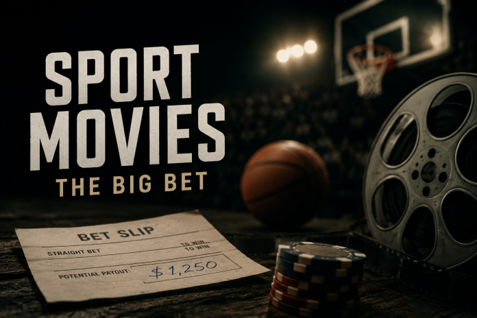 Cinematic sports arena with a basketball, film reel, poker chips, and betting slip beneath the title "Sport Movies: The Big Bet," representing betting culture in Hollywood sports films.