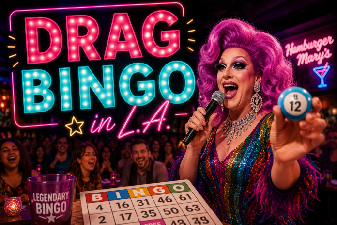 Drag queen hosting a lively bingo night before a cheering audience beneath the title "Drag Bingo in L.A.," celebrating Los Angeles' interactive live performance scene.