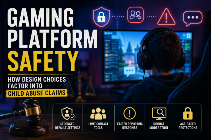 Child playing an online game with digital safety icons, a judge's gavel, and the title "Gaming Platform Safety," illustrating how platform design influences child safety and legal accountability.