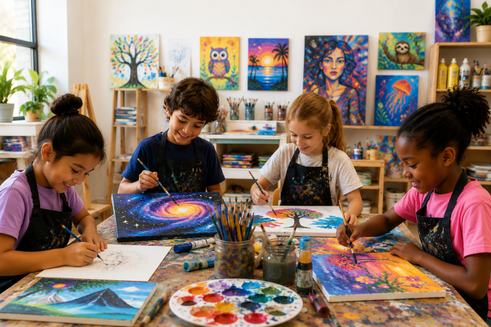 Children painting colorful artwork together at Dream Art Studio during a creative art class that encourages imagination, confidence, and artistic expression.