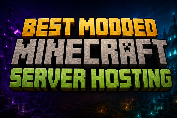 Minecraft-inspired title graphic for the Best Modded Minecraft Server Hosting guide with a cinematic block-world background.