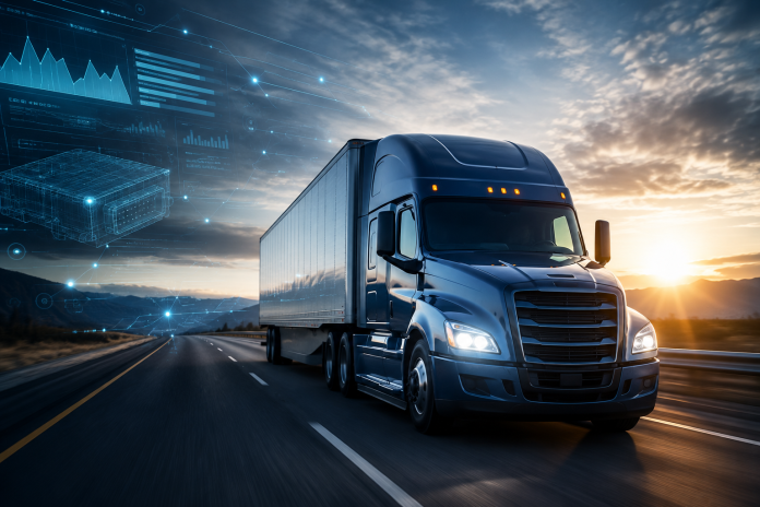 Photorealistic commercial semi truck traveling on a U.S. interstate at sunrise with a subtle digital overlay representing an event data recorder (EDR), electronic truck data, and forensic crash investigation technology.
