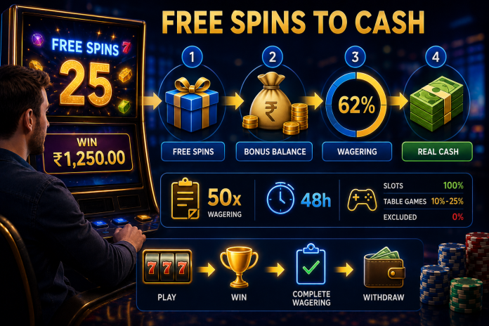 Casino player viewing free spins converting into bonus balance and withdrawable cash on a blue and gold digital casino interface.