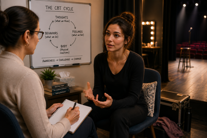 Performer meeting with a therapist to learn CBT techniques for managing performance anxiety before stepping onto a theater stage.