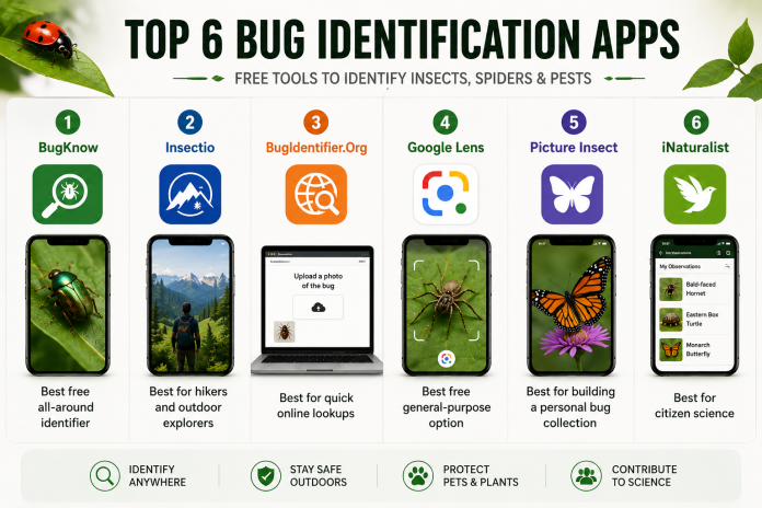 ChatGPT Image Jul 6, 2026, 02_27_57 PM Infographic comparing the six best free bug identification apps, including BugKnow, Insectio, BugIdentifier.Org, Google Lens, Picture Insect, and iNaturalist.