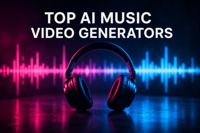 Graphic promoting the top AI music video generators, featuring neon headphones with colorful audio waveforms on a dark futuristic background.